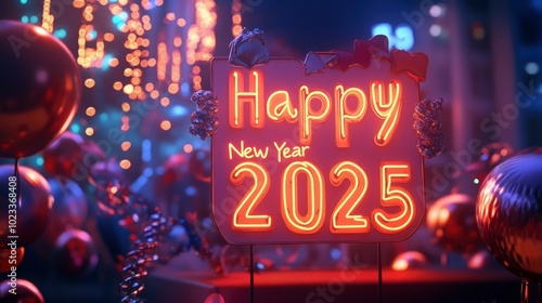 Happy New Year 2025 illuminated in bright orange neon, with a backdrop of festive decorations and balloons.