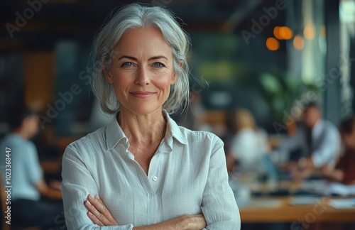 Portrait of a confident senior business woman with a warm smile in a modern office setting