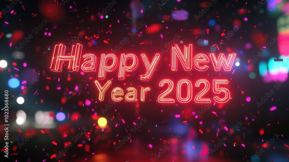 Happy New Year 2025 illuminated in bright red neon, with a backdrop of colorful confetti and lights. Happy New Year 2025 illuminated in bright red neon, with a backdrop of colorful confetti and lights.