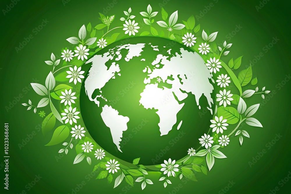 Green Earth with white flowers and leaves silhouette Green Earth with white flowers and leaves silhouette