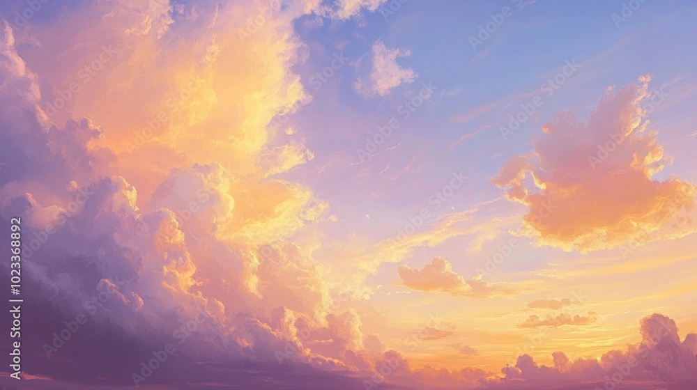 Naklejka premium Vibrant, expansive sky with soft, fluffy clouds scattered across a bright blue horizon, with the warm glow of the sun setting in the distance, casting golden and pink hues. Gentle gradients of orange