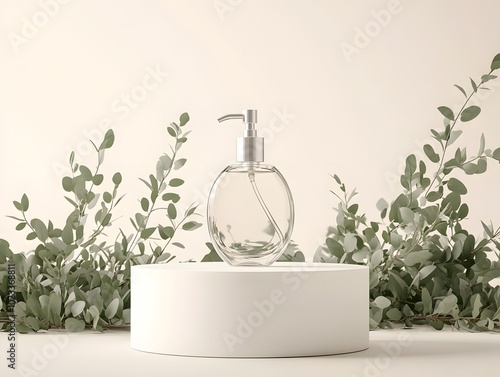 A minimalist soap dispenser on a white pedestal surrounded by greenery.