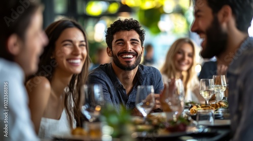 A group of people are sitting at a table with wine glasses and smiling