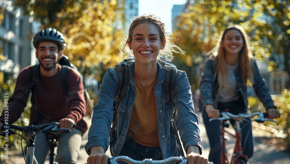 Obraz premium Three friends enjoying a joyful outdoor bicycling adventure on a sunny day, capturing the spirit of friendship and freedom during a vibrant autumn afternoon ride.