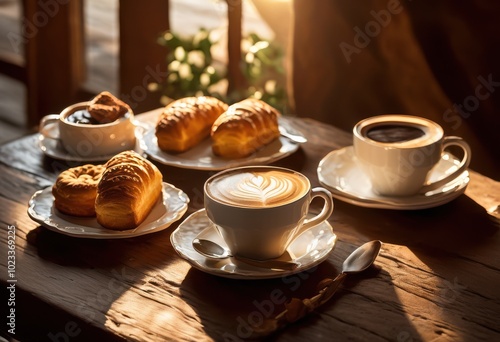 inviting coffee spread featuring rustic wooden table backdrop elegant fresh rich brewed coffee cozy gathering, artisan, mugs, tea, cups, sugar, jar