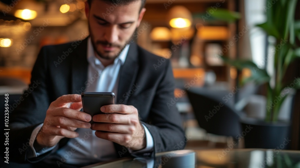 Young businessman texting or checking emails on his smartphone in a professional office environment. Suitable for technology, business, and communication themes. Young businessman texting or checking emails on his smartphone in a professional office environment. Suitable for technology, business, and communication themes.
