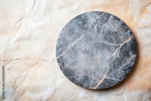 Marble Circle on Beige and Brown Paper Background. Round Tabletop with White Stone Texture