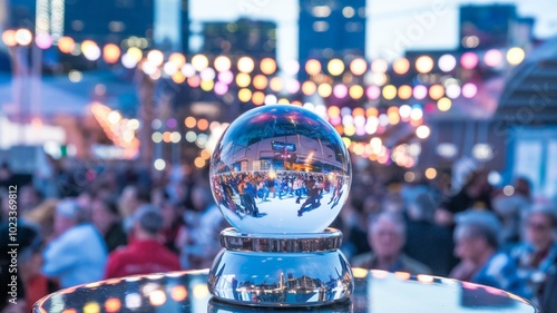 A crystal ball reflecting city festival lights and skyline photo