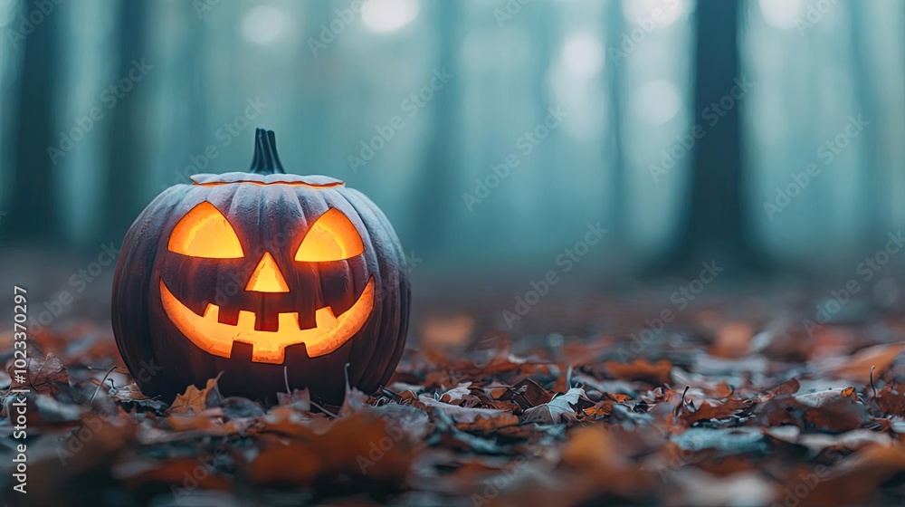 A spooky Halloween pumpkin glowing in a misty forest, surrounded by colorful autumn leaves, evoking a festive atmosphere. A spooky Halloween pumpkin glowing in a misty forest, surrounded by colorful autumn leaves, evoking a festive atmosphere.