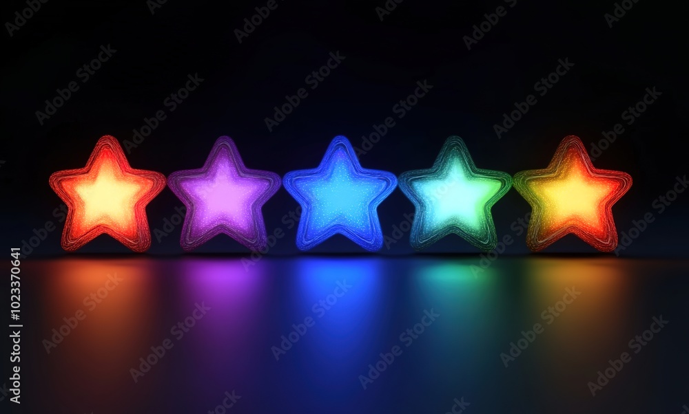 Fototapeta premium 3D illustration of five stars in different colors, glowing on a dark background 