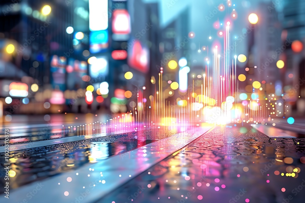 Dynamic urban scene with vibrant lights and reflections, showcasing a lively city atmosphere during a rainy night. Dynamic urban scene with vibrant lights and reflections, showcasing a lively city atmosphere during a rainy night.