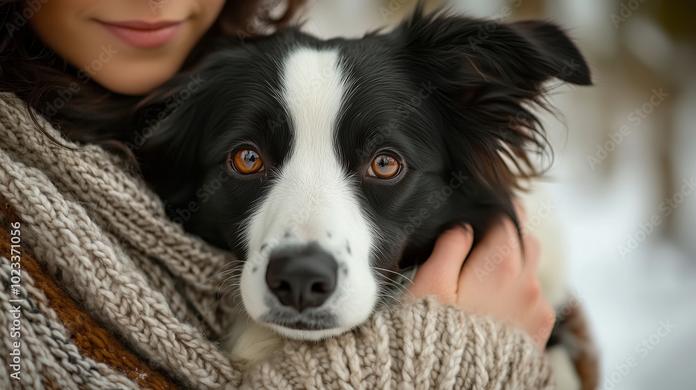 An elegant border collie dog cradled in the arms of its owner An elegant border collie dog cradled in the arms of its owner