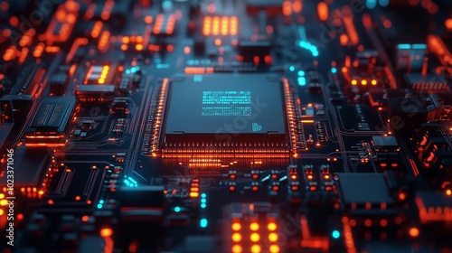 A high-tech, futuristic background featuring glowing circuit boards and digital elements photo