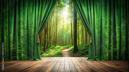 Green forest view through open curtains with wooden stage and lush pathway