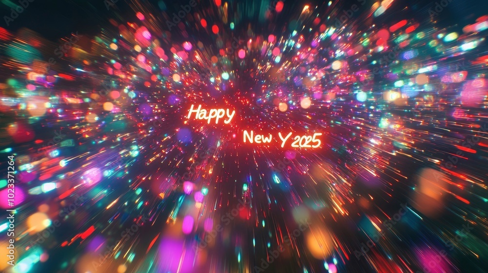 Happy New Year 2025 in a sparkling neon font, set against a backdrop of colorful light trails. Happy New Year 2025 in a sparkling neon font, set against a backdrop of colorful light trails.