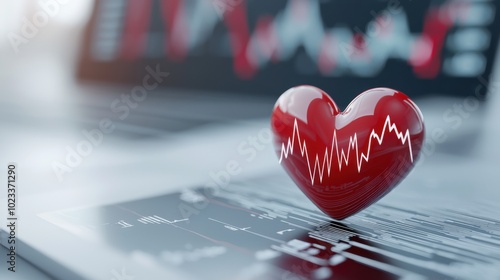 Heartshaped object with ECG wave on office desk, finance graphs blurred in the background 