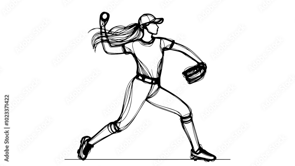 female baseball player throwing ball one line art female baseball player throwing ball one line art