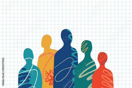 The group of abstract cut out multicolored silhouettes of people is a metaphor for individuality and talent.