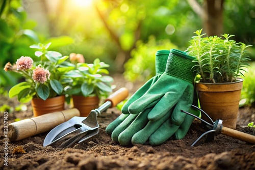 Green gardening tools and plants with gloves photo