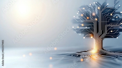 Futuristic tree made of glowing circuit board patterns