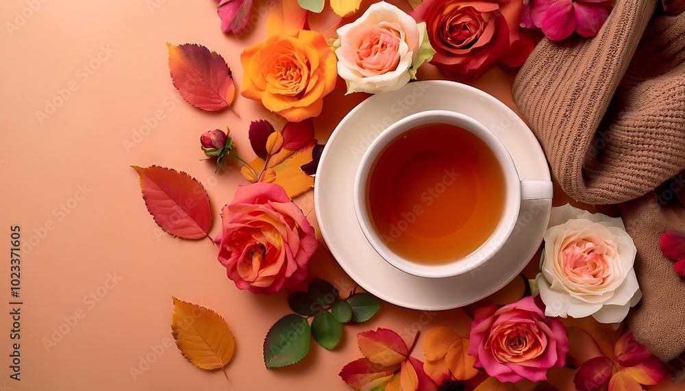 Cozy autumn flat lay featuring a cup of tea among vibrant leaves and roses in a warm, inviting setting. Generative AI Cozy autumn flat lay featuring a cup of tea among vibrant leaves and roses in a warm, inviting setting. Generative AI
