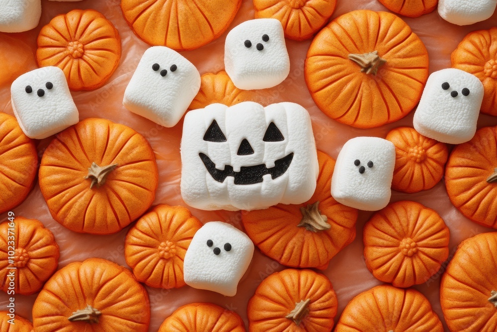 halloween dessert banner, marshmallows and pumpkin cookies on a banner, with ghostly white marshmallows floating among a sea of orange pumpkin cookies halloween dessert banner, marshmallows and pumpkin cookies on a banner, with ghostly white marshmallows floating among a sea of orange pumpkin cookies