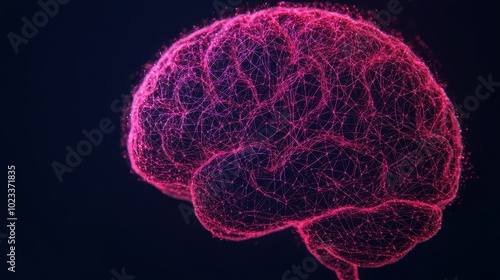 A digital representation of a brain, illuminated in vibrant pink, showcasing neural connections and emphasizing the complexity of cognitive processes.