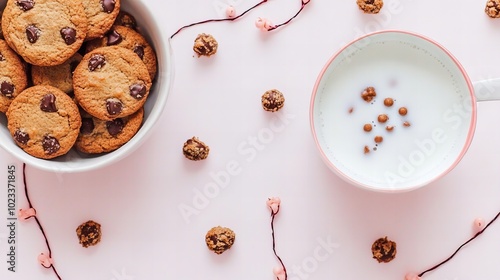 A bowl of chocolate chip cookies and a mug of milk with cereal on a pink background.