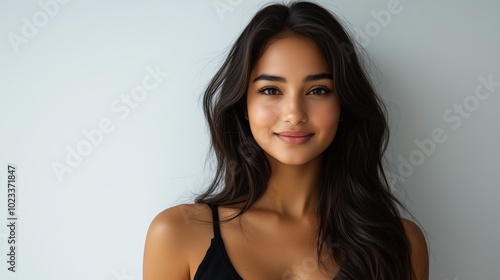 A portrait of an attractive Indian woman with long wavy hair, wearing a black top and jeans, smiling at the camera
