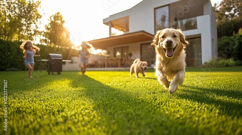Joyful Family Fun in the Golden Hour Children playing with Dog in Green Garden Modern House with Barbecue Grill