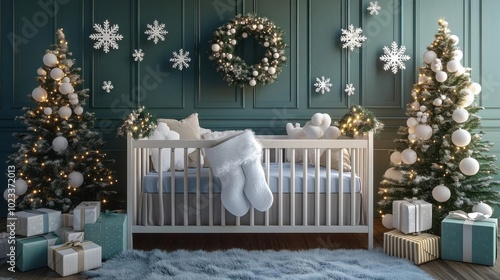 Baby crib with snowflakethemed Christmas decor, soft and festive, 3D illustration,  no blur, photo not dark, everything is clear, copy space photo