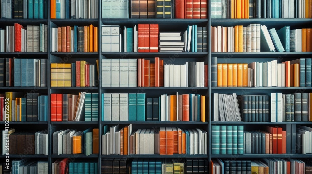 Bookshelves filled with colorful textbooks and journals, 3D illustration, no blur, photo not dark, everything is clear, copy space Bookshelves filled with colorful textbooks and journals, 3D illustration, no blur, photo not dark, everything is clear, copy space