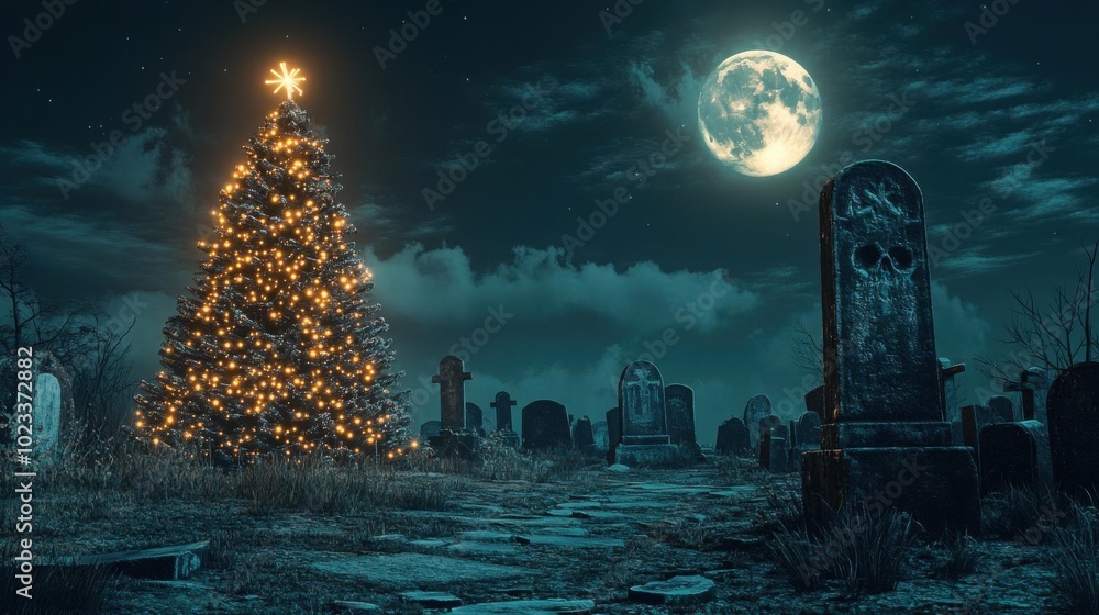 Naklejka premium Christmas tree, haunted graveyard, glowing moonlight, 3D illustration, no blur, photo not dark, everything is clear, copy space