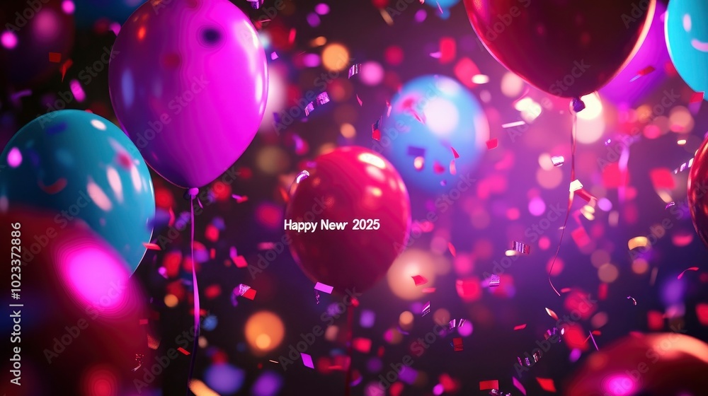 Happy New Year 2025 in a dynamic neon style, surrounded by balloons and confetti in bright colors. Happy New Year 2025 in a dynamic neon style, surrounded by balloons and confetti in bright colors.
