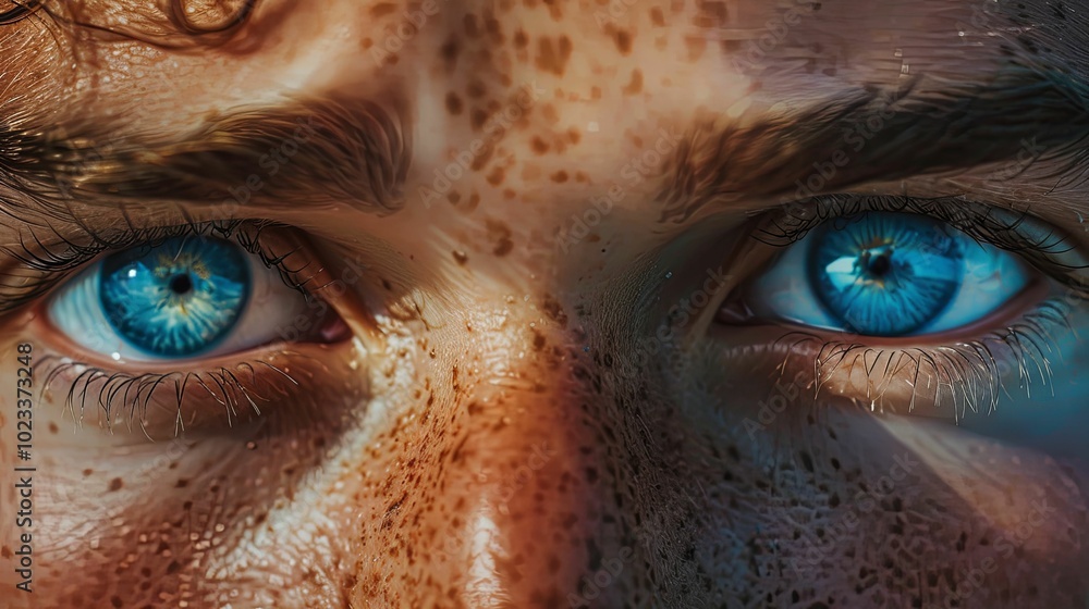 Close-up of a Person's Face with Blue Eyes and Freckles Close-up of a Person's Face with Blue Eyes and Freckles