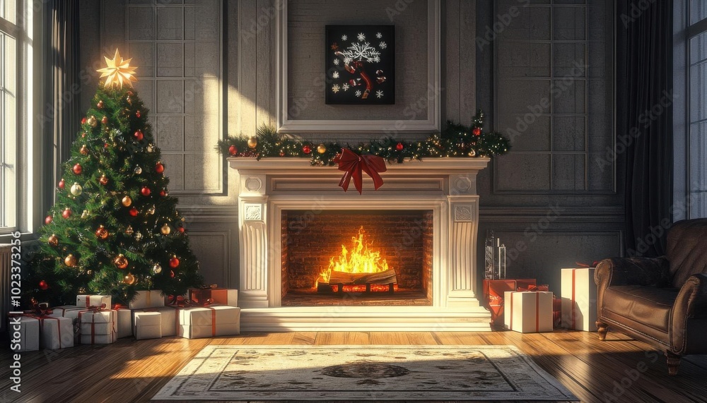 Cozy living room with fireplace and Christmas tree, festive atmosphere, 3D illustration, no blur, photo not dark, everything is clear, copy space Cozy living room with fireplace and Christmas tree, festive atmosphere, 3D illustration, no blur, photo not dark, everything is clear, copy space