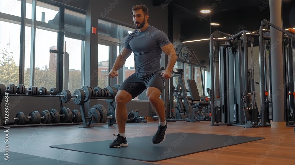 Fitness enthusiast performing a dynamic leg exercise in a modern gym during daytime, focusing on strength and agility training Fitness enthusiast performing a dynamic leg exercise in a modern gym during daytime, focusing on strength and agility training
