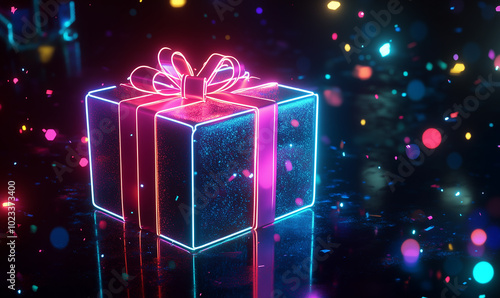 Wallpaper Mural Glowing gift box in neon style on a black background with bokeh neon lights. Copy space for banner. Cyber Monday, Black Friday and Christmas. Torontodigital.ca