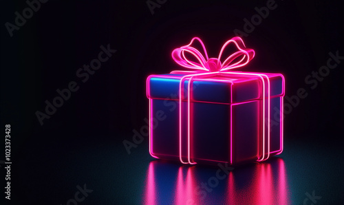 Glowing gift box in neon style on a black background. Copy space for banner. Cyber Monday, Black Friday and Christmas.