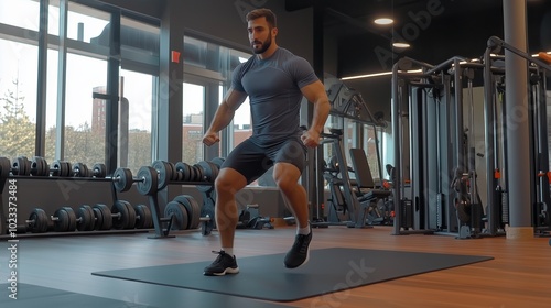 Fitness enthusiast performing a dynamic leg exercise in a modern gym during daytime, focusing on strength and agility training photo