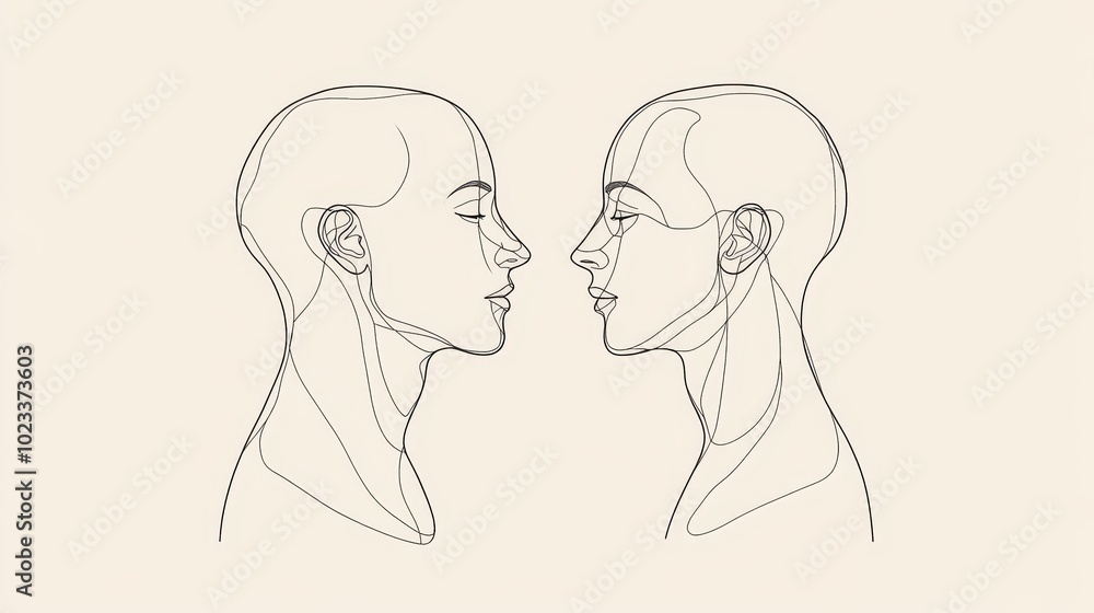 Line Art Illustration of Two Faces in Profile Facing Each Other Line Art Illustration of Two Faces in Profile Facing Each Other