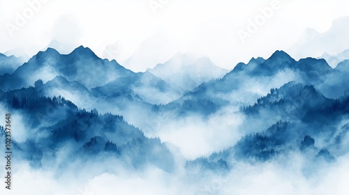 Abstract blue watercolor background with white space for text or design, soft brushstrokes create an impression of misty mountains,