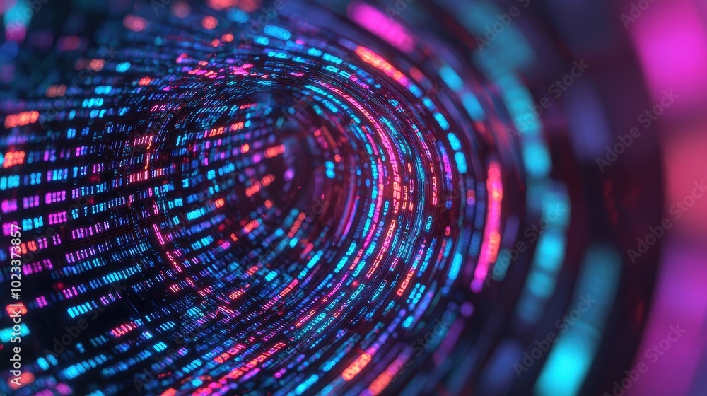 A vibrant, abstract visualization of flowing data streams, creating a tunnel effect with colorful light patterns resembling digital information. A vibrant, abstract visualization of flowing data streams, creating a tunnel effect with colorful light patterns resembling digital information.