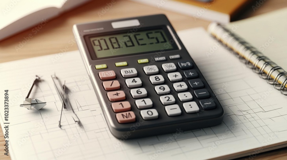 Graphing calculator with geometry tools and a notebook, 3D illustration, no blur, photo not dark, everything is clear, copy space Graphing calculator with geometry tools and a notebook, 3D illustration, no blur, photo not dark, everything is clear, copy space