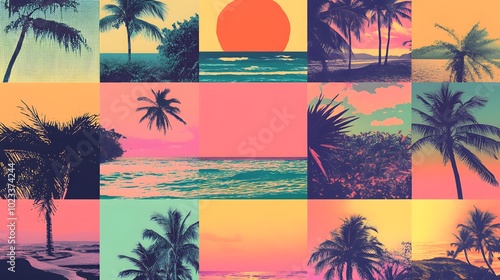 A vibrant and colorful collage featuring tropical beach scenes, palm trees, sunsets over the ocean, poolside scenes