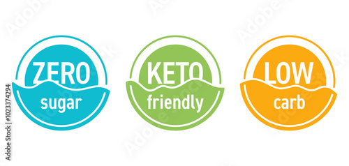 Keto friendly, Zero sugar, Low carb - organic circular badges set