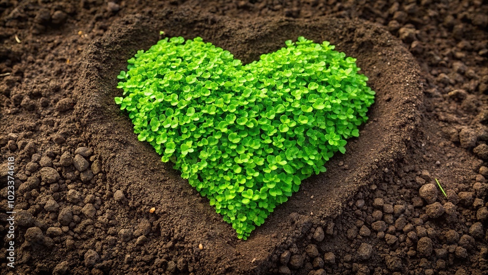 Green heart shape on soil made from lentil plants under low angle view Green heart shape on soil made from lentil plants under low angle view
