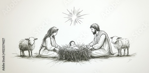 A Pen and Ink Drawing of the Nativity Scene with Shepherds and a Star photo