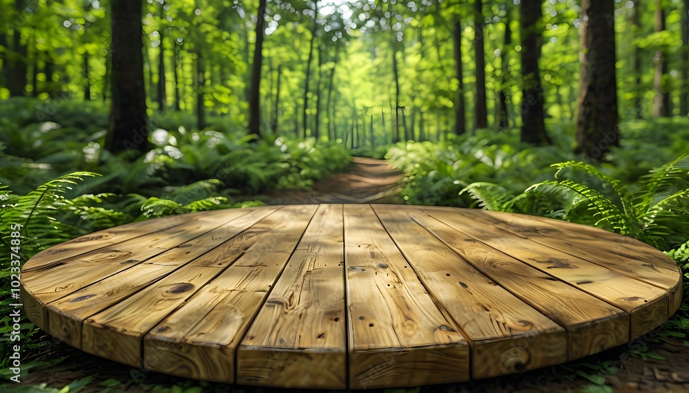 Serene Forest Scene with Circular Wooden Platform and Meandering Path Serene Forest Scene with Circular Wooden Platform and Meandering Path