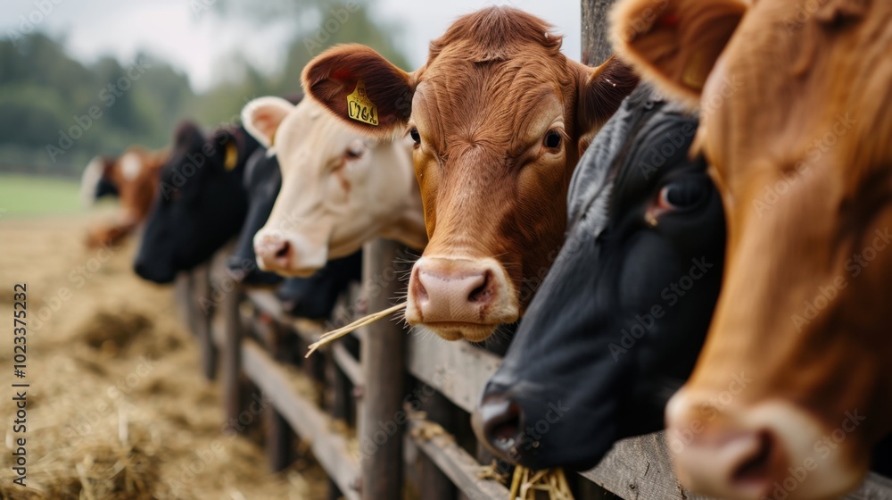 A group of cows is standing closely together inside a barn, munching on hay A group of cows is standing closely together inside a barn, munching on hay